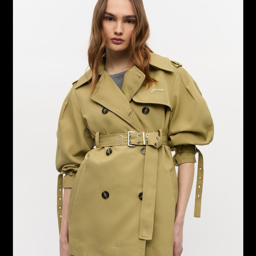 Ganni Olive Double-Breasted Trench Coat